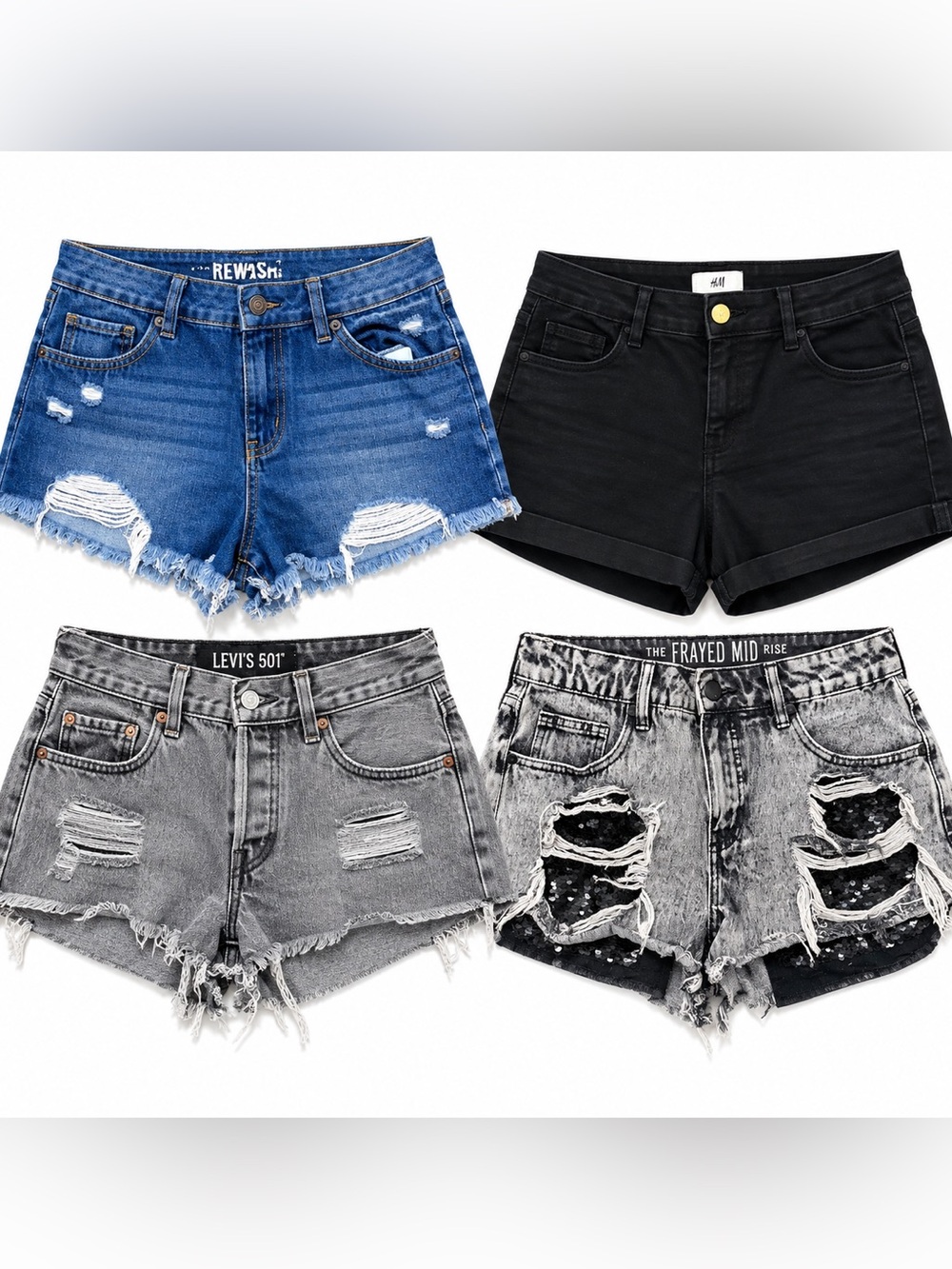 4 Women’s Denim Shorts Bundle Levi’s 501 Rewash H&M Distressed Size 6-8 W28